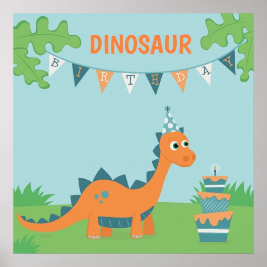 Cartoon dinosaur verjaardagstaart blaast kaars poster (Voorkant)