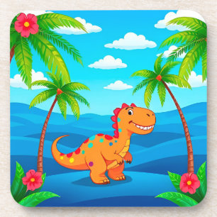 Cartoon dinosaurus in een tropisch landschap bier onderzetter