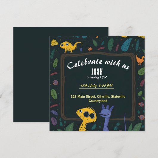 Cartoon dinosaurussen 1e verjaardagsuitnodiging save the date (Voorkant / Achterkant)