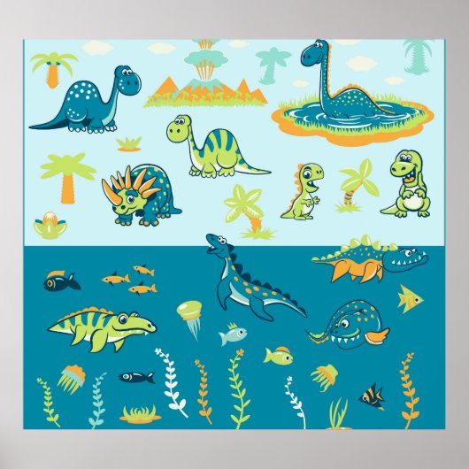 Cartoon Dinosaurussen: Land & Zee Set Poster (Voorkant)