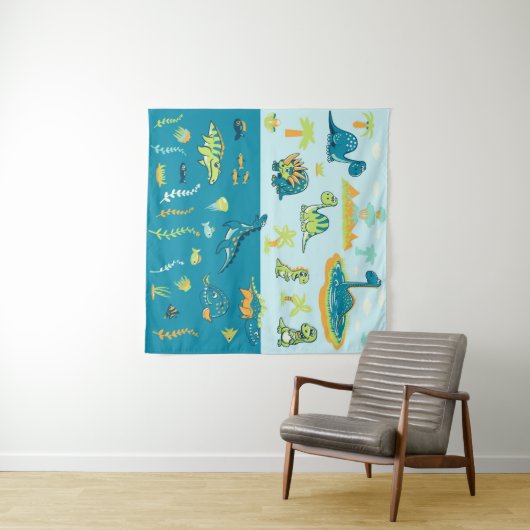 Cartoon Dinosaurussen: Land & Zee Set Wandkleed (In Situ (horizontaal))