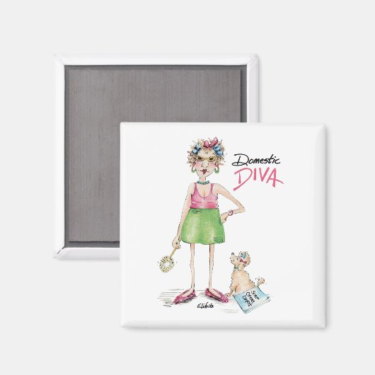 Cartoon Diva en Poodle Doing Chores Magneet (Voorkant / Achterkant)