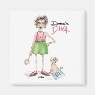 Cartoon Diva en Poodle Doing Chores Magneet