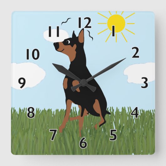 Cartoon Doberman Zitting Vierkante Klok (Voorkant)