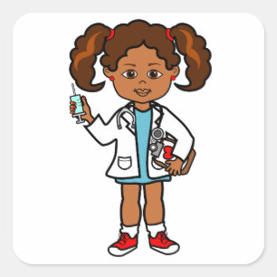 Cartoon Doctor Girl met Big Needle Vierkante Sticker