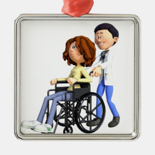 Cartoon Doctor in de rolstoel Patiënt in rolstoel Metalen Ornament