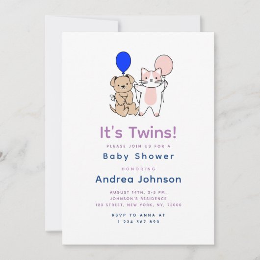 Cartoon Dog Cat Pink Blue Balloon Twin Baby shower Kaart (Voorkant)