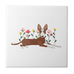 Cartoon Dog in roze en gele bloemen Tegeltje