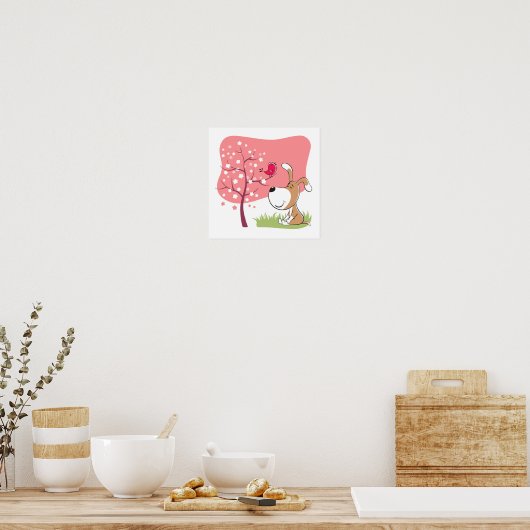 Cartoon Dog Puppy Bird Bloom Flower Pink Spring Poster (Keuken)