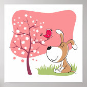 Cartoon Dog Puppy Bird Bloom Flower Pink Spring Poster (Voorkant)