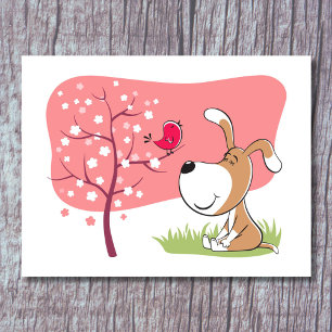 Cartoon Dog Puppy Bird Blossom Pink Flower Tree Briefkaart