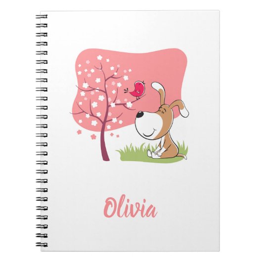 Cartoon Dog Puppy Bird Flower Blooming Pink Spring Notitieboek (Voorkant)
