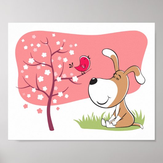 Cartoon Dog Puppy Bird Flower Blooming Pink Spring Poster (Voorkant)