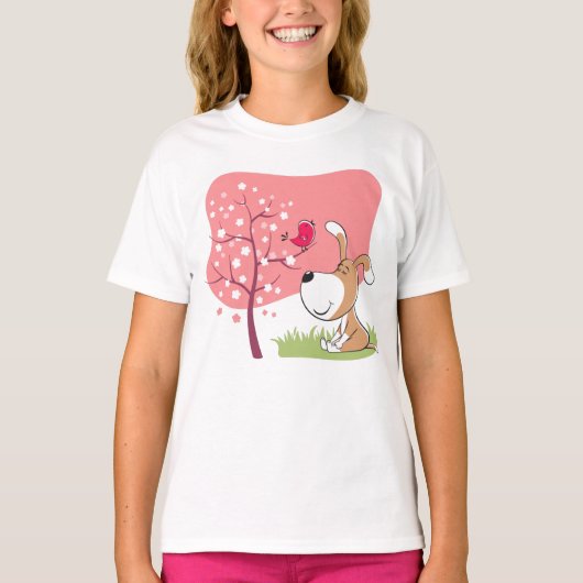 Cartoon Dog Puppy Bird Flower Blooming Pink Spring T-shirt (Voorkant)