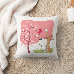 Cartoon Dog Puppy Bird Flower Pink Sierkussen