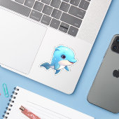 Cartoon dolfijn illustratie sticker (Laptop met iPhone)