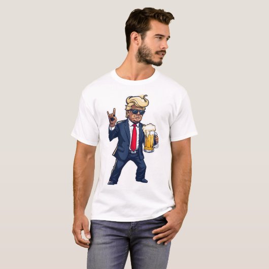 Cartoon Donald Trump in dynamische pose met bier M T-shirt (Voorkant volledig)