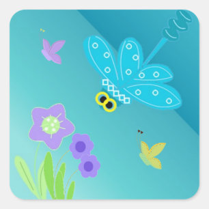 Cartoon Dragonfly met bloemen Vierkante Sticker