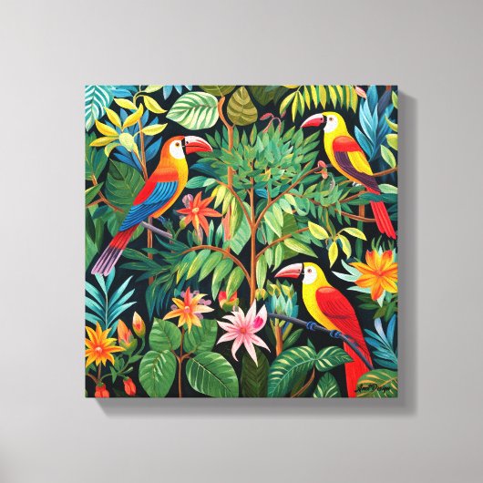 Cartoon drie vogels in jungle kunst canvas afdruk (Voorkant)