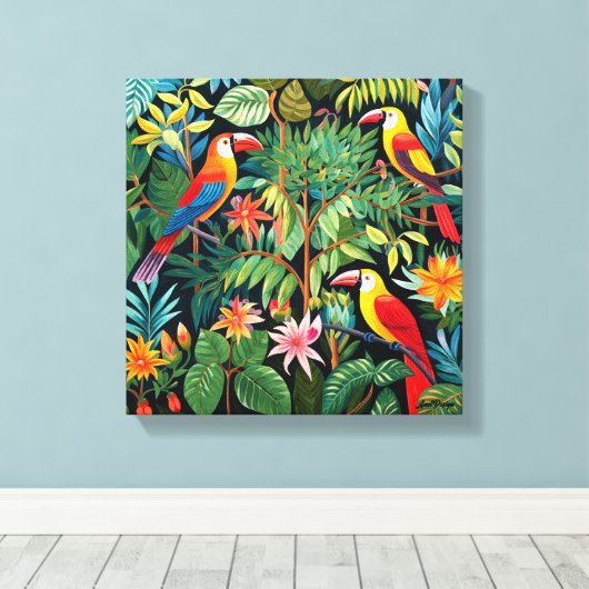 Cartoon Drie Vogels In Oerwoud Kunst Canvas Afdruk (Insitu (Houten vloer))