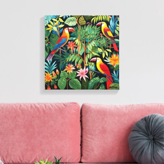Cartoon Drie Vogels In Oerwoud Kunst Canvas Afdruk (Insitu (Woonkamer))