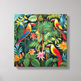 Cartoon Drie Vogels In Oerwoud Kunst Canvas Afdruk