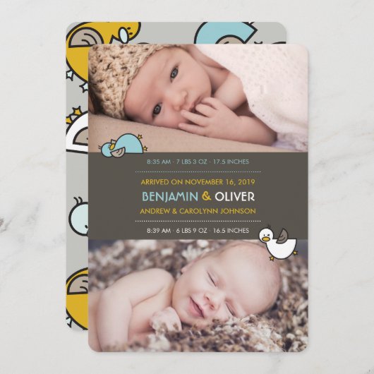Cartoon Ducks Baby Boys Twins Birth Aankondiging (Voorkant / Achterkant)