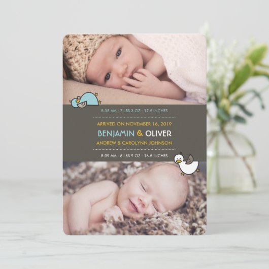 Cartoon Ducks Baby Boys Twins Birth Aankondiging (Staand voorkant)