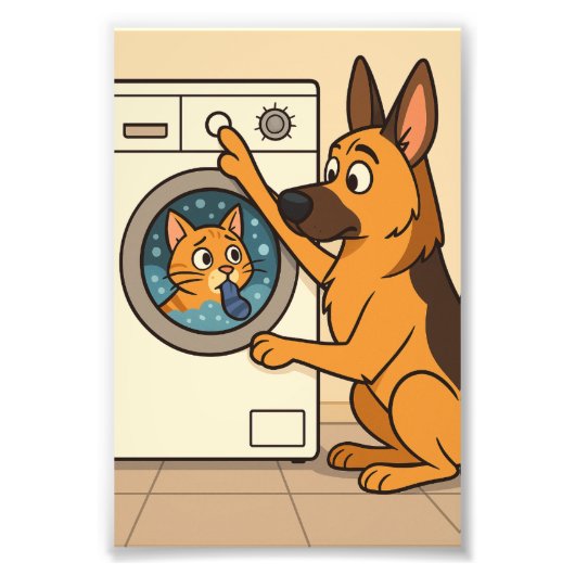 Cartoon Duitse Herder en Kat Waskunst Foto Afdruk (Voorkant)