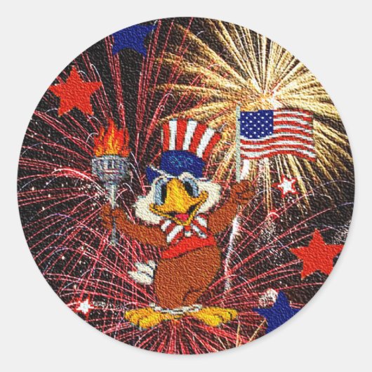 Cartoon Eagle met vlag en vuurwerk (getextureerd) Ronde Sticker (Voorkant)