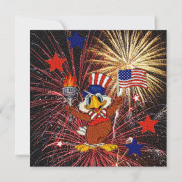 Cartoon Eagle met Vlag en Vuurwerkuitnodiging Kaart