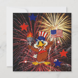 Cartoon Eagle met Vlag en Vuurwerkuitnodiging Kaart