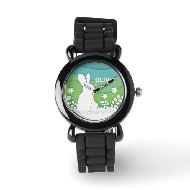 Cartoon-easter bunny in groene lente-natuur horloge (Voorkant)