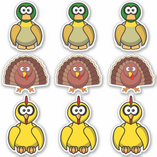 Cartoon Eend, Kalkoen, Kip Sticker (Voorkant)