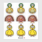 Cartoon Eend, Kalkoen, Kip Sticker (Vel)