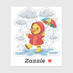 Cartoon eendje speelt in de regen met paraplu sticker
