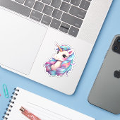 Cartoon eenhoorn illustratie sticker (Laptop met iPhone)