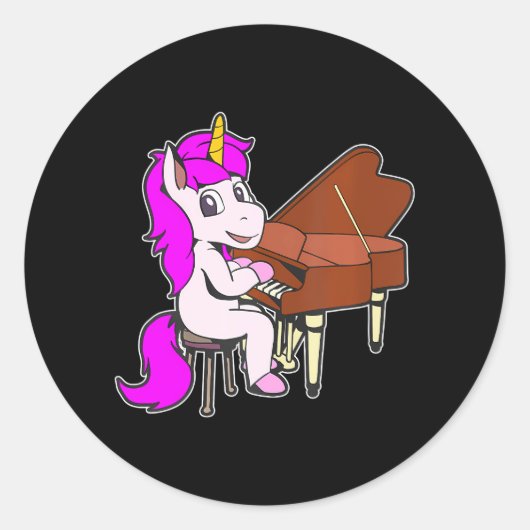 Cartoon eenhoorn pianospelen ronde sticker (Voorkant)
