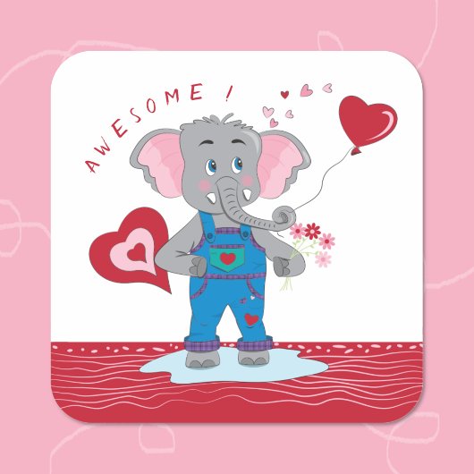 Cartoon Elephant Hearts | Geweldige achteruitrijde Vierkante Sticker