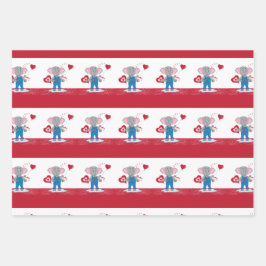 Cartoon Elephant | Roze rode harten Valentijnsdag Inpakpapier Vel