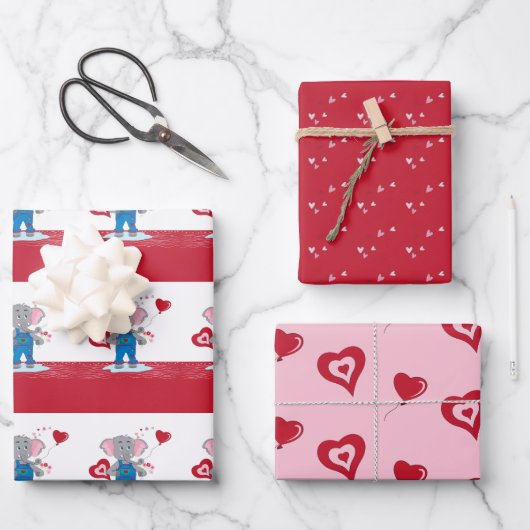 Cartoon Elephant | Roze rode harten Valentijnsdag Inpakpapier Vel (Voorkant)