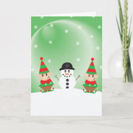 Cartoon Elf en Snowman Snowflakes Kerstrood Kaart