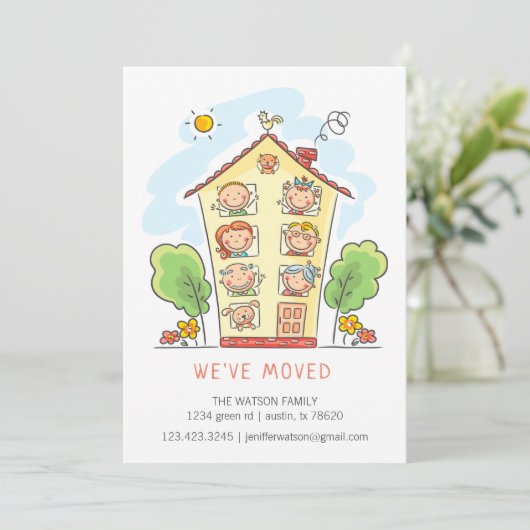 Cartoon Familie Huis Verhuizen Aankondiging Kaart (Staand voorkant)