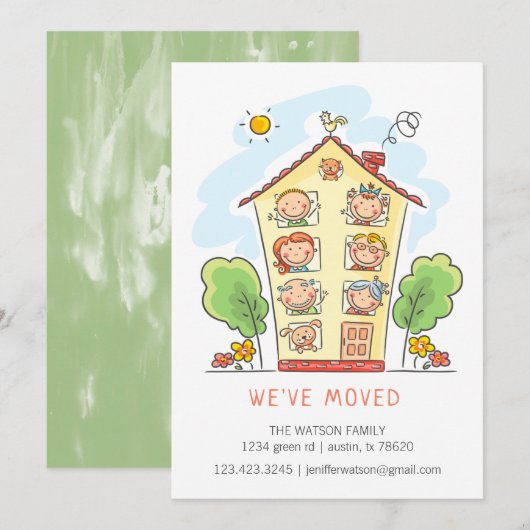 Cartoon Familie Huis Verhuizen Aankondiging Kaart (Voorkant / Achterkant)