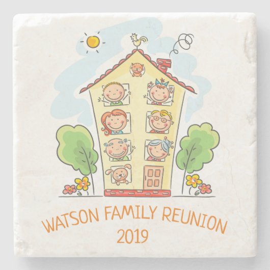Cartoon Family Reunion Monogram Stenen Onderzetter (Voorkant)