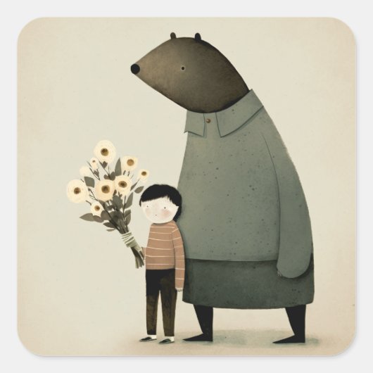 Cartoon fee beer en jongen. Floral Birthday Vierkante Sticker (Voorkant)