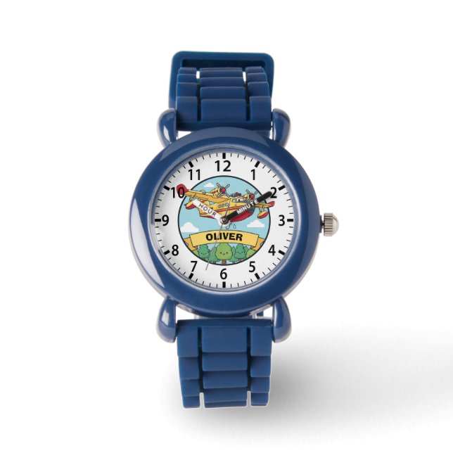 Cartoon Firefighting Plane Badge Horloge (Voorkant)