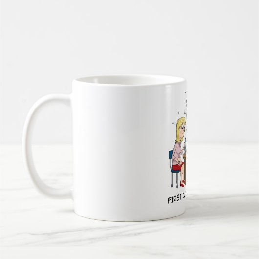 Cartoon; First date bij haar thuis.  Koffiemok (Links)