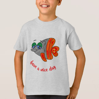 cartoon fish friendly orange grey button t-shirt