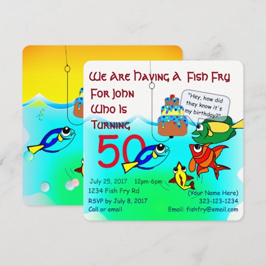 Cartoon Fish Fry verjaardagsuitnodiging Kaart (Voorkant / Achterkant)